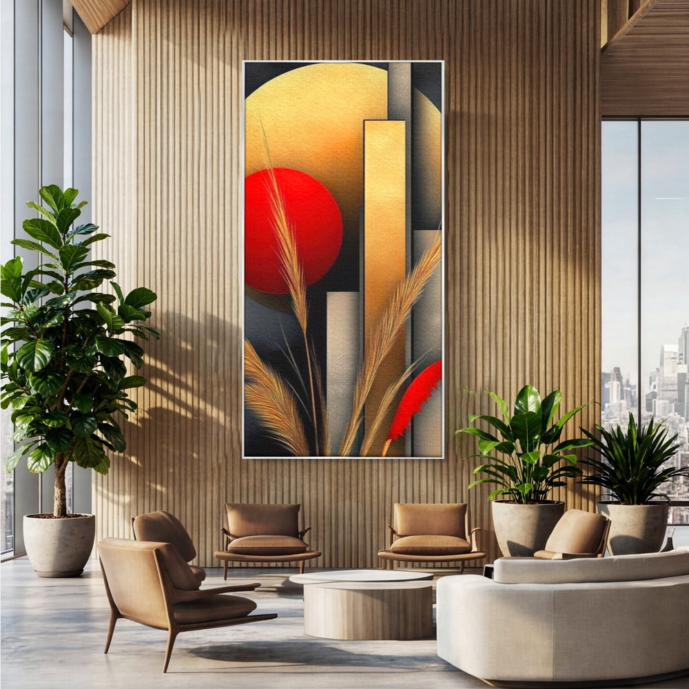 Tablou canvas cu tablou canvas cu forme geometrice si spice, in rama de aluminiu argintiu, pe perete intr-un birou